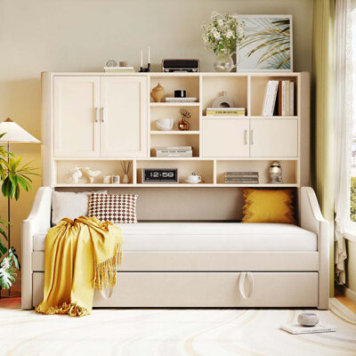 Everly Quinn Upholstered Daybed with LED Armrest Lights, Storage Shelves & Cabinets, Pull-Out Lift-Up Twin Trundle