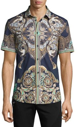 Versace Baroque Short-Sleeve Sport Shirt, Navy