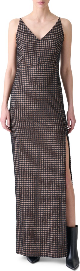 Flower Grid Embroidered Tulle Column Gown
