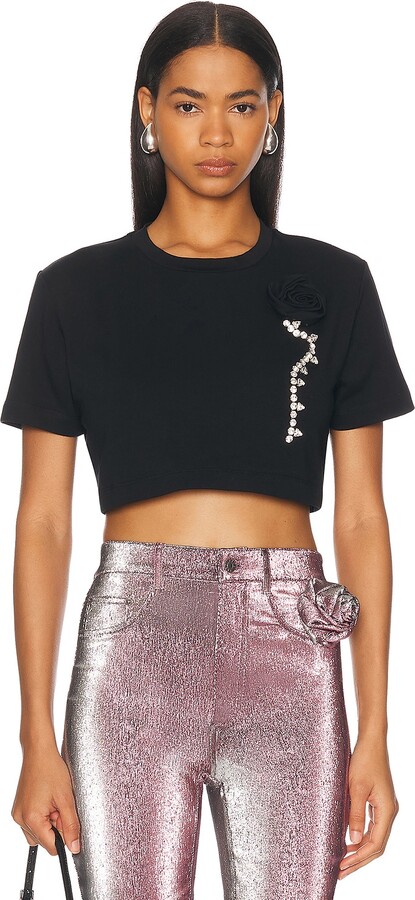 Area Crystal Rosette Cropped T-Shirt in Black