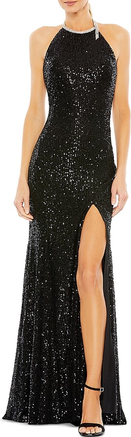 Mac Duggal Sequined High Neck Rhinestone Trim Column Gown