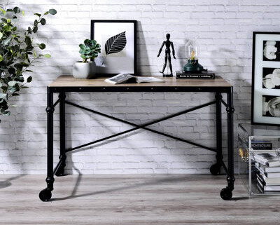 Williston Forge Metal Frame Writing Desk With Wheels And Nailhead Accents