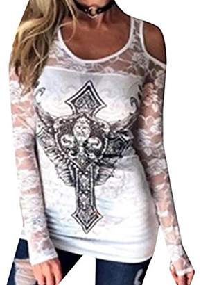 Mitario Femiego Womens Sexy Lace Spliced Long Sleeve Bodycon Top Cold Shoulder Shirts