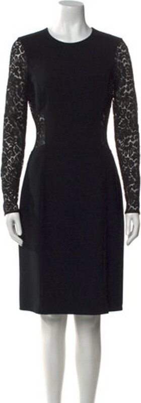 Michael Kors Collection Virgin Wool Sheath Dress Black Lace Trim Embellishment Long Sleeve with Crew Neck Exposed Zip Closure at Back