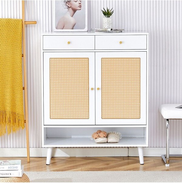 WhizMax ModernRattanShoeCabinetwith2Doorsand2DrawersMinimalistStorageCabinetShoeOrganizerforEntrywayCorridorsandLivingRoomsWhite