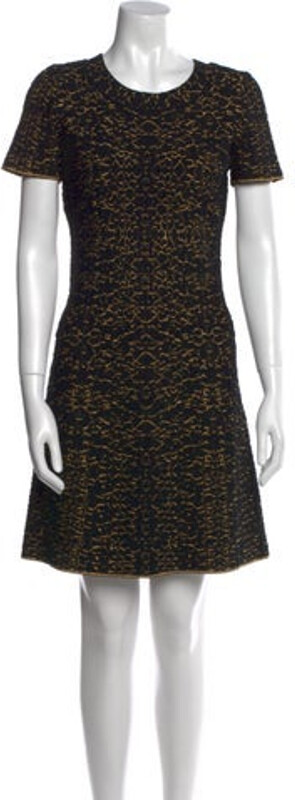 Alaia A-Line Dress Black Printed Short Sleeve with Crew Neck Concealed Zip Closure at Back Designer