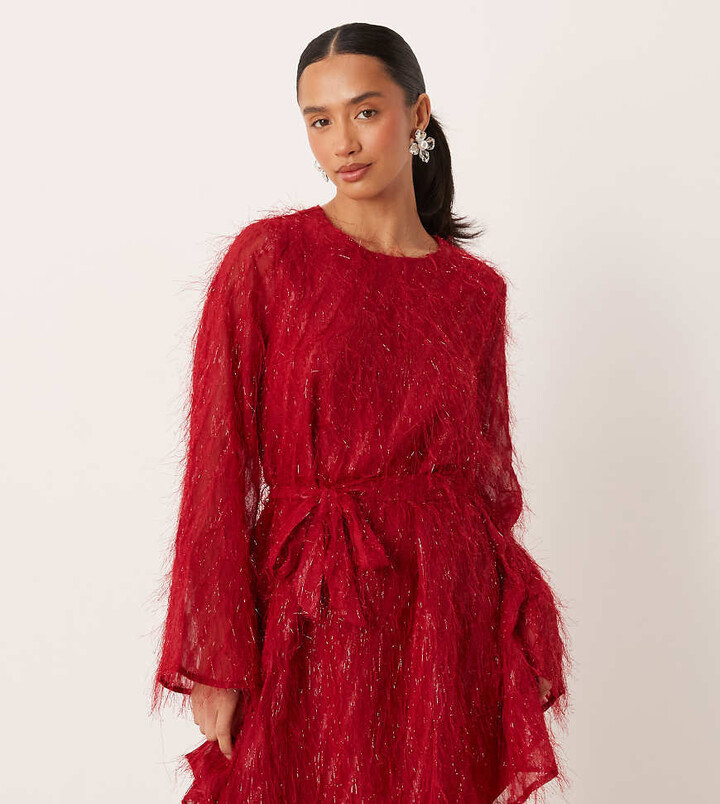 VILA Petite fluffy textured tie waist mini dress in red