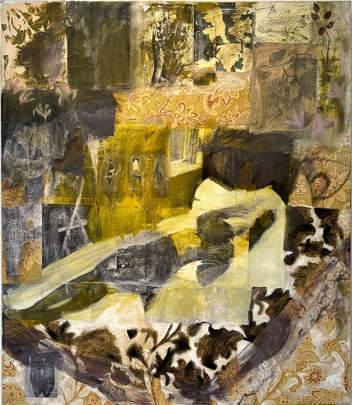 India Sachi, Daytime Napping (Fabric Collage under Yellow and Black Surrealist Oil Painting), 2022