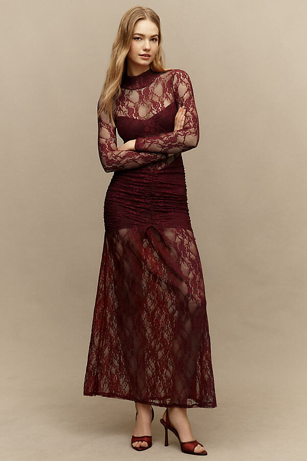 Nightcap Clothing Mock-Neck Drop-Waist Lace Maxi Dress