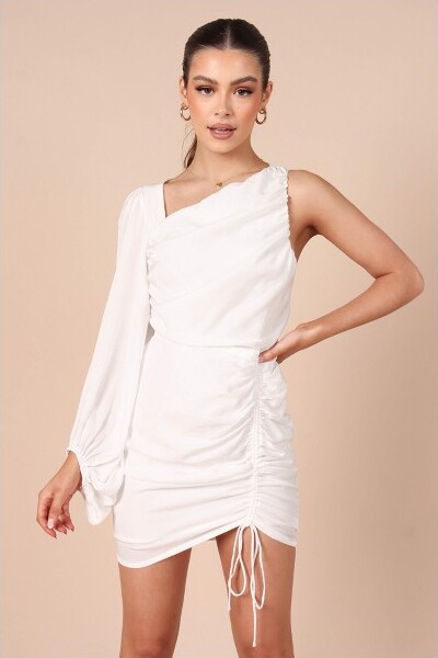 Chic Mock Neck A Line Feather Trim Sleeveless Mini Dress - White, M / White