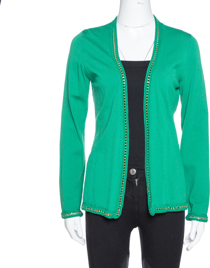 CH Carolina Herrera Green Knit Metal Detail Open Front Cardigan