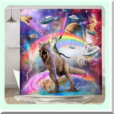 Galactic Cat Adventure Shower Curtain - Fun Kids Bathroom Decor with Cool Cat Riding Dinosaur in Outer Space, 70x70, Includes 12 Hooks
