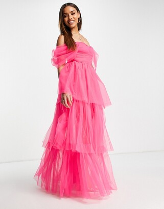 Lace & Beads Exclusive off shoulder tulle maxi dress in bright pink