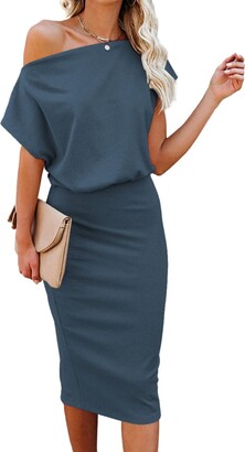 GOSOPIN Women One Off Shoulder Short Sleeve Stretchy Party Bodycon Ribbed  Knit Midi Dress Basic Casual Ruched Pencil Clubwear Office T Shirt Dresses  X-Large Sky Blue - ShopStyle