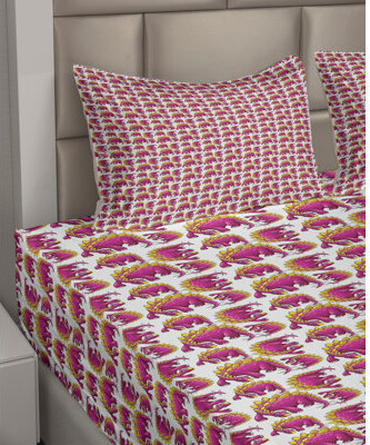 Ambesonne Dinosaur Sheet Set Happy Antique Animals Art Dark Magenta and Earth Yellow