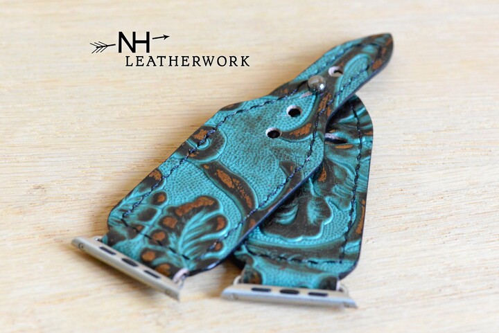 Leather Apple Watch Band Black Gold & Turquoise Floral Embossed For 38/40/41mm 42/44/45/49mm Fitbit Versa 2/Lite Samsung Galaxy