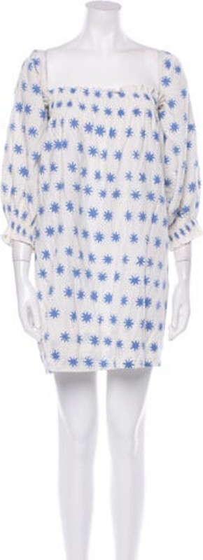CLOE CASSANDRO Linen Shift Dress White Printed Three-Quarter Sleeve with Square Neckline