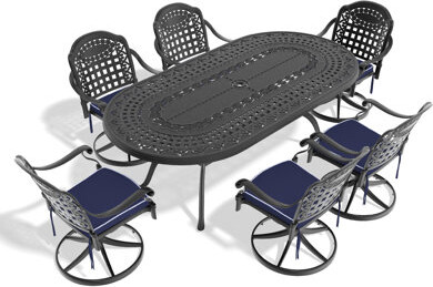 9 All-weather Aluminum Dining Organization - 8 Swivel Chairs & Oval Table, Black, Elegant Elements, Weather Resistance Capacity, Comfortable Seating C