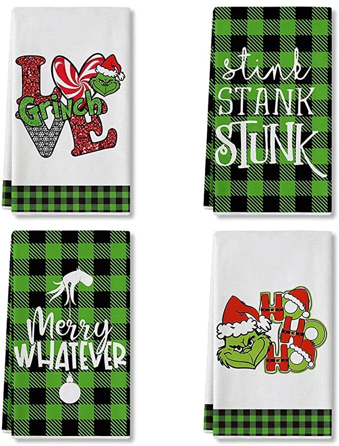 Artoid Mode Buffalo Plaid Merry Whatever Grinch HOHOHO Kitchen Towels and Dish Towels, 18 x 28 Inch Christmas Winter Xmas Holiday Ultra Absorbent Drying Cloth Tea Towels for Cooking Baking Set of 4