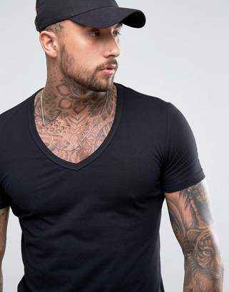 ASOS Design DESIGN muscle fit t-shirt with deep v neck in black