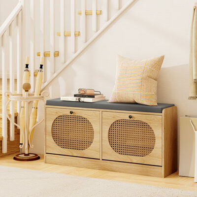 Shoe Storage Bench With Cushion 2 Flip-over Doors & Adjustable Shelves