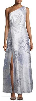 Kay Unger New York Printed One-Shoulder Gown, Mint/Multi