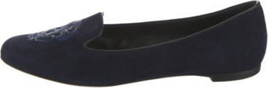 Alexander McQueen Suede Loafers Blue Skull Round-Toes with Sequin Embellishments
