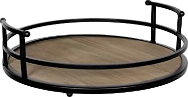 Stratton Home Decor Metal and Wood Round Tray | Wooden Coffee Table Tray Decor for Empty Table Surfaces | Decorative Round Serving Tray with Handles