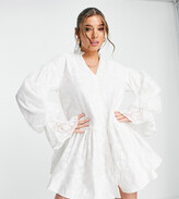 Thumbnail for your product : In The Style x Lorna Luxe burnout volume sleeve ruffle hem shirt dress in white