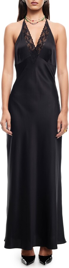 Lioness Shoreline Plaid Lace Trim Halter Maxi Dress