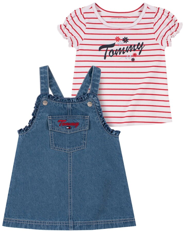 Tommy Hilfiger Little Girls Striped Logo T-shirt and Ruffle-Trim Denim  A-Line Jumper Set, 2 Piece - ShopStyle