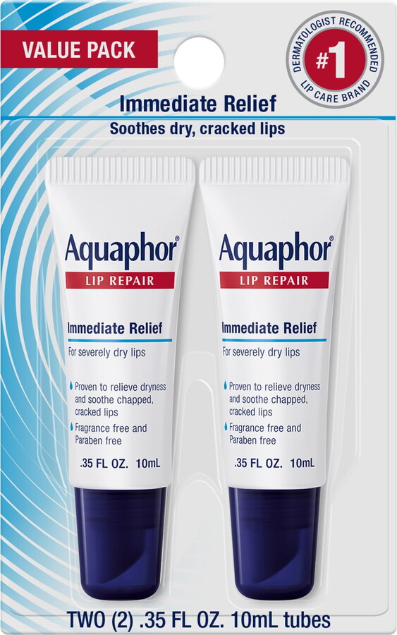 Aquaphor Lip Repair Ointment for Dry Chapped Lips, Lip Balm with Shea Butter, 0.35 fl oz, 2 Pack