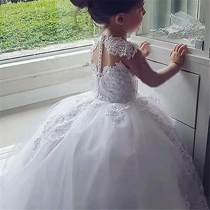 Luweds White Flower Girl Dresses for Weddings Tulle Princess Lace Sleeveless Holy First Communion Gowns Party Pageant Clothes For Kids