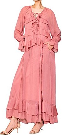 MelloDay Ruffle Chiffon Tie V-Neck Long Sleeve Tiered Maxi Dress