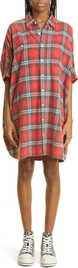 R 13 Plaid Oversize Cotton Flannel Shirtdress