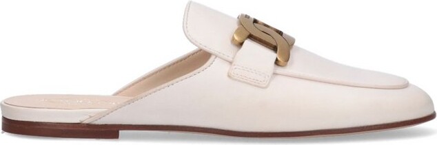 Gommino of Tod's - White leather mules with metal links and stitched upper  for women