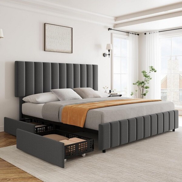 Acekool GrayFullLinenUpholsteredBedFrameQueenSize3PlywoodSponge&LinenNoBoxSpringNeeded