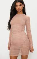 Thumbnail for your product : PrettyLittleThing Nude Sheer Mesh Ruched Long Sleeve Bodycon Dress
