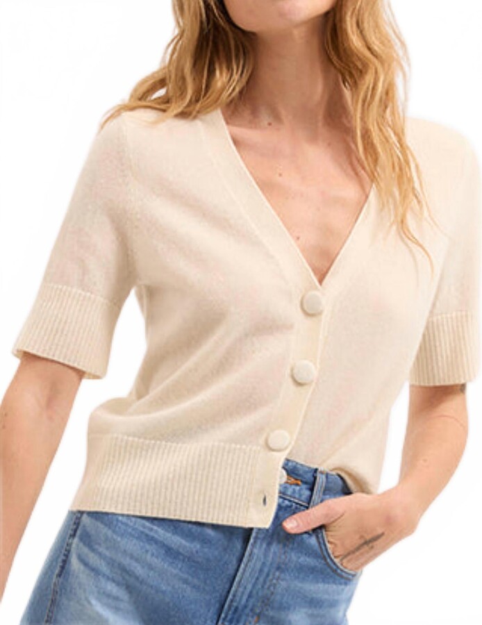 Veronica Beard Solene Short Sleeve Cashmere Cardigan In Ivory