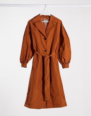 ASOS DESIGN taffeta balloon sleeve trench coat in rust - ShopStyle