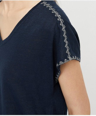 Monsoon Liza Stitch Detail Linen T-Shirt - Navy
