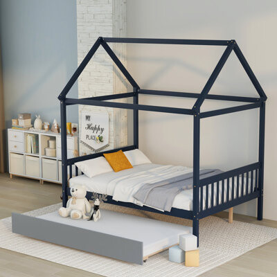 Full Size House Bed with Trundle, Solid Pine Kids Bed Frame, Blue, No Box Spring Needed