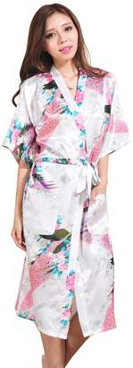 Honeystore Women's Long Silk Kimono Robe Peacock Japanese Satin Dressing Gown L