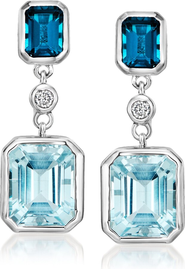 Ross-Simons Tonal Blue Topaz and . Lab-Grown Diamond Drop Earrings in Sterling Silver