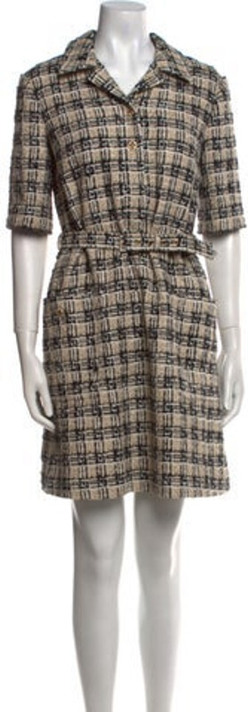 Gucci Shirtdress By Alessandro Michele Black & Neutrals Plaid Print Short Sleeve with Collar Concealed Zip Closure at Back Designer