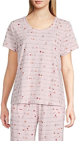 Coffee Script Print Short Sleeve Scoop Neck Knit Coordinating Sleep Top