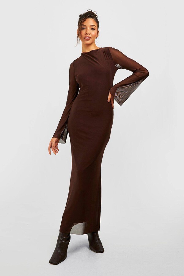 boohoo Long Sleeve Mesh Maxi Dress Brown ShopStyle