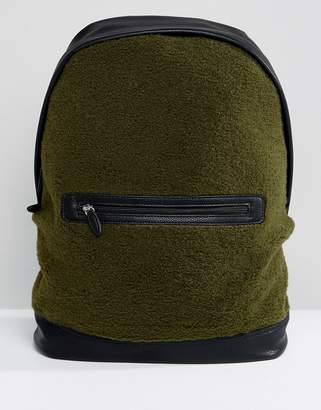 ASOS Backpack In Khaki Borg With Faux Leather Trims