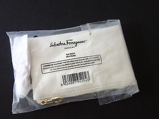 Ferragamo ~ Small WHITE Faux-Leather PARFUMS Makeup Bag Pouch w/ Clasp