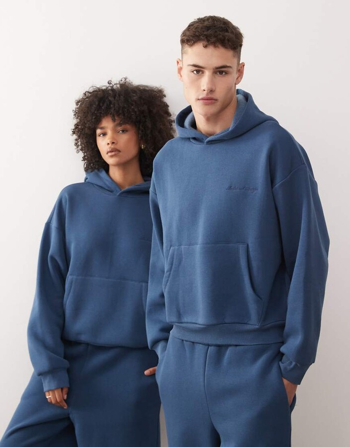 Reclaimed Vintage unisex heavyweight boxy hoodie in navy blue - part of a set